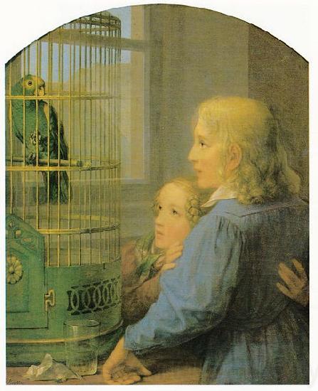 Georg Friedrich Kersting Zwei Kinder vor einem Papageienbauer France oil painting art